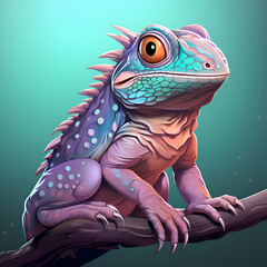 Wall Mural -  illustration of a cute blue iguana on a tree branch.