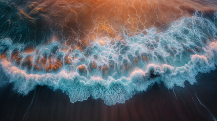 Waves crashing on the ocean top-down drone view