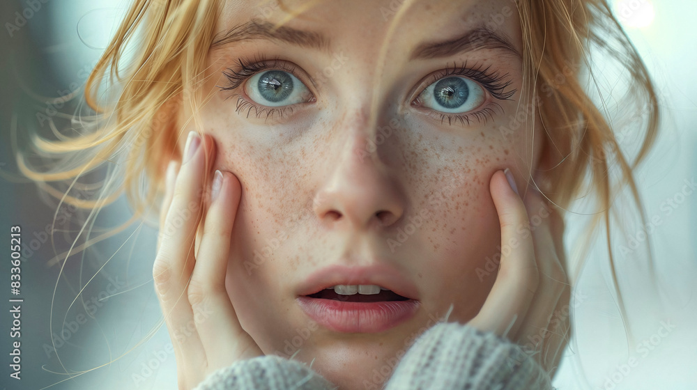 Close-up portrait of a young woman with blonde hair and blue eyes ...