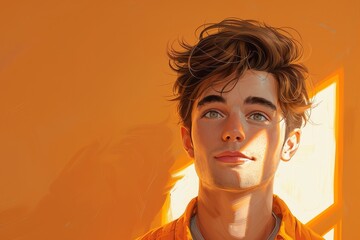 Digitally created portrait of a young man gazing outward, with sunlight casting a warm hue on his face