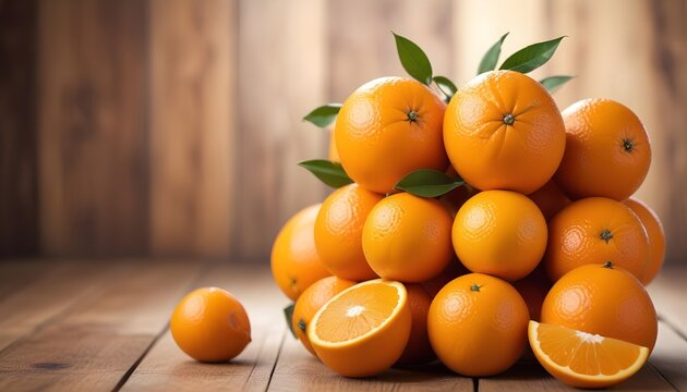 Juicy oranges stacked on a wooden surface, with a blurred background