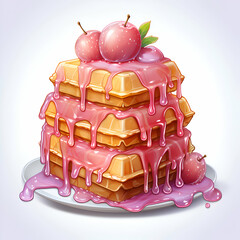 Wall Mural - Pancake cake with berries and syrup. realistic  illustration.