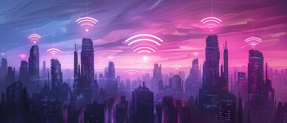 Wall Mural - Modern city with wireless network connection and city scape concept. Wireless Signs Encompassing the Globe.