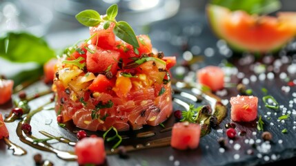Wall Mural - A watermelon salad with a black plate and a black table