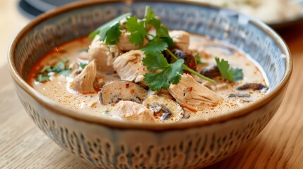 Poster - A bowl of aromatic Tom Kha Gai, a coconut milk soup with chicken, mushrooms, and galangal, offering a comforting flavor