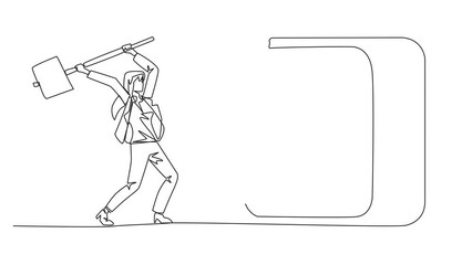Wall Mural - Self drawing animation of single continuous line drawing businesswoman preparing to hit big safe deposit box. Boss is furious want to destroy with hammer. Angry businesswoman. Full length animated