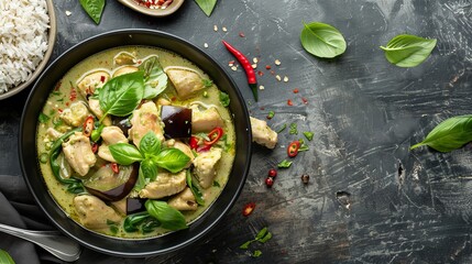 Poster - A classic Thai green curry with tender chicken, eggplant, and fresh basil leaves, served with jasmine rice