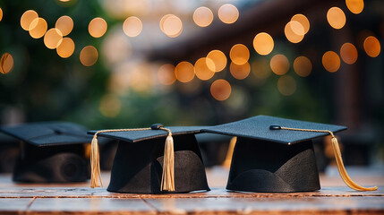 Graduation caps on the table with bokeh lights background created with Generative AI technology