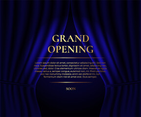 Grand Opening. Luxury banner with blue curtain and golden text. Vector illustration