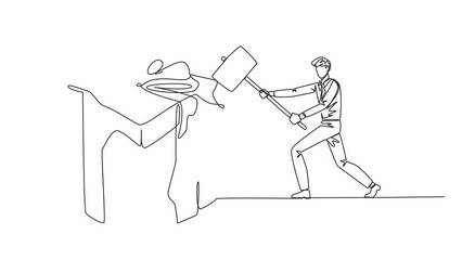 Wall Mural - Animated self drawing of single one line drawing businessman preparing to hit a big gift box. Businessman expresses anger. Destroying everything in sight. Angry. Full length single line animation