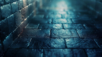 Wall Mural - A dark blue brick walkway with water dripping from the top