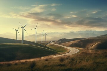 Wall Mural - Golden sunset over a peaceful wind farm with rolling hills and a curving road