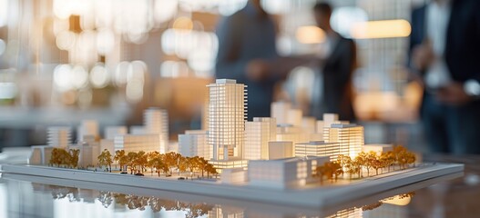 Wall Mural - Closeup of an architectural model with cityscape, representing commercial real estate development and business office moving in the background