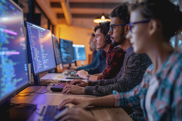 A group of developers men and women working together to program an e-commerce website.
