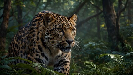 Canvas Print - Leopard strolling towards the camera through lush foliage, AI-generated.