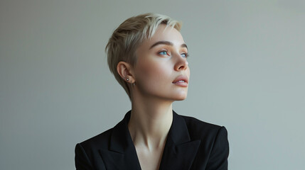 Canvas Print - A modern young woman with short blonde hair, wearing stylish office attire, standing against a light gray blurred background.