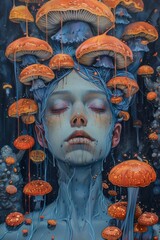 Wall Mural - A woman with mushrooms growing out of her head, AI