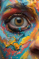 Wall Mural - A close up of a woman's face painted with colorful paint, AI