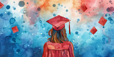 Wall Mural - Graduation celebration with a student in a cap and gown, colorful background, and caps thrown in the air
