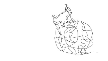 Wall Mural - animated self drawing of single line drawing smart robot helps colleague climbs the big heavy messy 