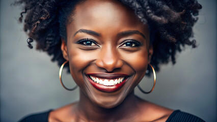 Hermosa mujer negra sonriente. Chica afro sobre fondo borroso. Primer plano de persona sonriendo feliz mirando a cámara.