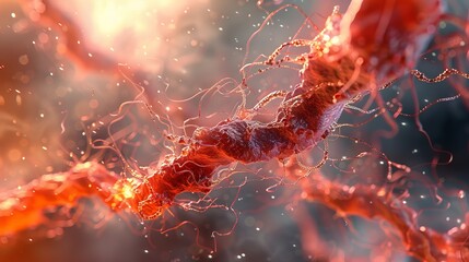 Muscle cell structure: Depict a muscle cell, with its long, fibrous structure and multiple nuclei, explaining how it contracts to produce movement.