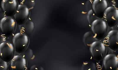 Wall Mural - Template of background with 3d black realistic balloons with golden confetti or ribbons frame and empty space for greeting text or invitation. Luxury wallpaper or banner for Birthday party celebration
