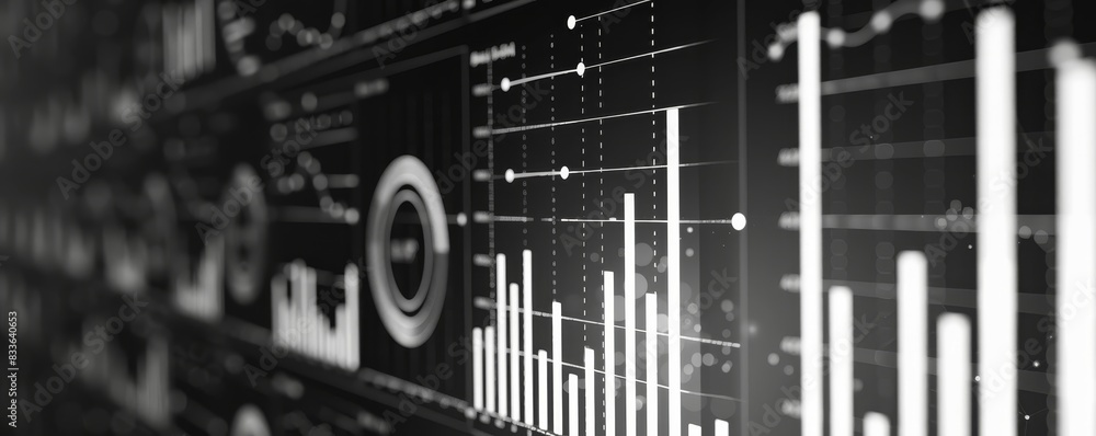 Black and white image of digital data charts showcasing statistical ...