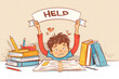 © Ram - Child raising help sign overwhelmed with schoolwork academic pressure struggling with studies young student seeking assistance educational support learning difficulty stress relief guidance