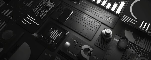 Futuristic black and white digital interface with various control panels and buttons, showcasing modern technology and innovation.