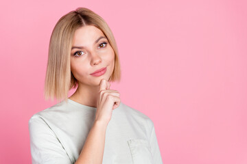 Sticker - Portrait of nice young lady think wear t-shirt isolated on pink color background