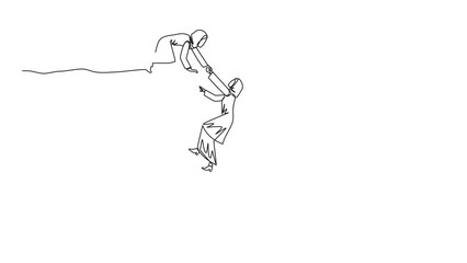 Wall Mural - Self drawing animation of one line drawing Arabian businesswoman helps colleague climb a wide hole. Teamwork helps colleague who fallen. Inviting success together. Full length animated