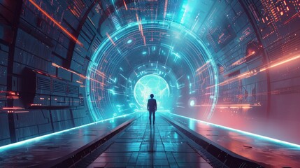 Wall Mural - Silhouette of a person standing in a futuristic tunnel with neon lights, symbolizing technology advancement and digital transformation.