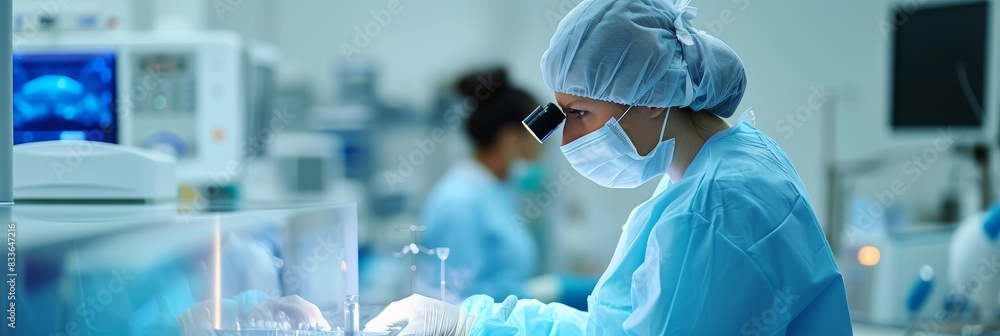 Dental surgeon using a magnifying glass or microscope to place a dental ...