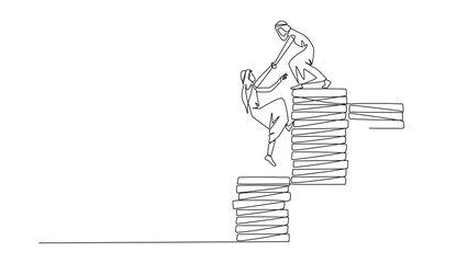 Wall Mural - Animation of continuous line drawing Arab businessman helps colleague climb pile of coins. Metaphors help achieve financial targets before entering retirement. Teamwork. Full length motion