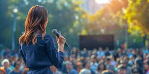 A businesswoman is giving an powerful speech to the crowd at outdoor event,A woman giving a speech to a captivated audience outdoors during autumn, with golden leaves and warm sunlight creating