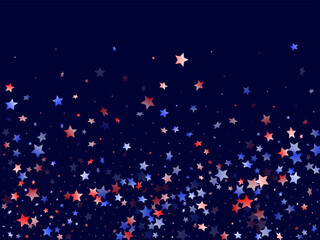 Wall Mural - Flying red blue white star sparkles vector american patriotic background.