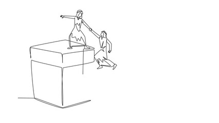 Wall Mural - Self drawing animation of single continuous line drawing Arab businessman helps colleague climb big gift box. Integrated teamwork to reach the highest level for rewards. Full length animated