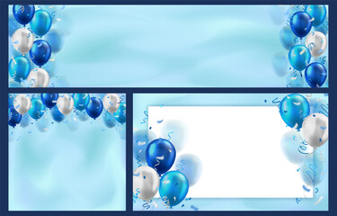 Wall Mural - Set of wallpapers with 3d realistic blue cyan glossy helium balloons and confetti as a frame with blank space for greeting text. Banners for birthday, celebration party, sale, opening, invitation