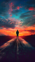 Poster - Silhouette at Sunset Pondering Moral Choices at a Crossroad  