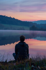 Sticker - Young Adult Reflecting on Personal Morals by Serene Lake at Dawn  