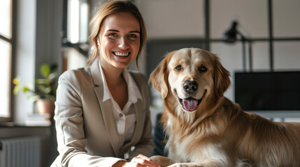 Wall Mural - a businesswoman and her canine friend create a snapshot of harmony and joy, their presence together in the office.