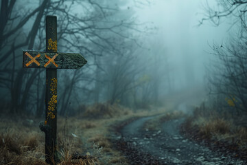 Poster - Crossroad Sign in Foggy Forest Symbolizing Moral Decisions  