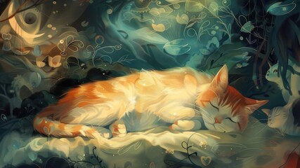 Wall Mural - A cat curled up in slumber with whimsical, translucent images of fanciful adventures above it, raising the question 