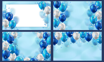 Wall Mural - Set of 4 wallpaper with 3d realistic blue and white glossy balloons and confetti decoration with blank space for greeting text. Banners for birthday, celebration party, sale, opening event, invitation