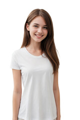 Wall Mural - Portrait of a European woman wearing white t-shirt, smiling and looking at the camera, isolated, transparent background, no background. PNG.