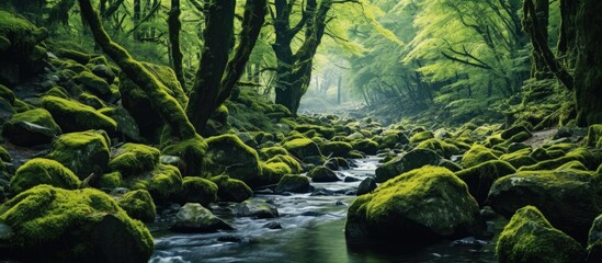 mossy trees with a river in the middle of a forest. Creative banner. Copyspace image