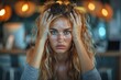 © Design Depot - A deeply troubled and emotional young woman holds her head in her hands against a blurred background