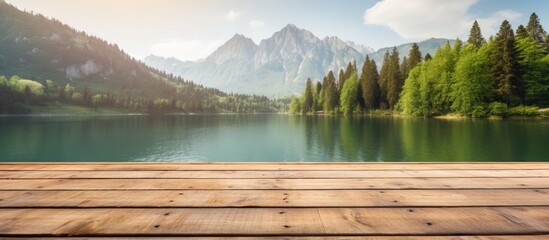 Poster - wooden platform before lake with mountain. Creative banner. Copyspace image