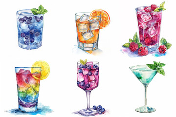 Summer drinks from berries and fruits. Set of cocktails. Watercolor signature cocktails clipart, watercolor drink illustration, summer cocktails, summer party, wedding clipart.